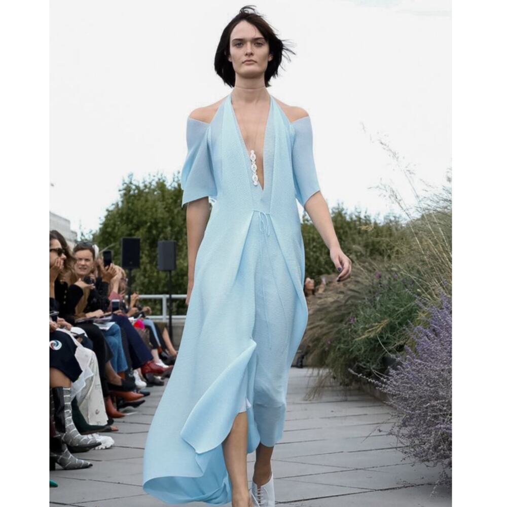 Roland Mouret Ballard Plisse Draped Gown Plunge Neckline Blue Dress Size 6